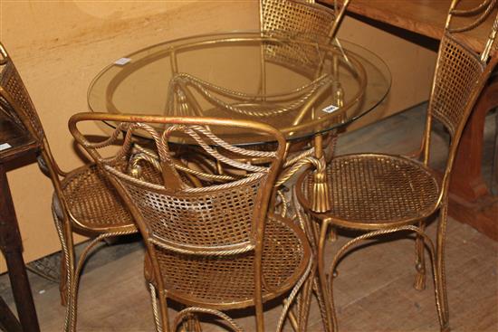 Gilt metal circular tassel table and 4 chairs